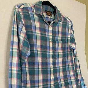 Eddie Bauer Vintage Green Blue Pink Plaid Button Up Long Sleeve Size Small